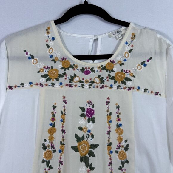 Umgee Cream White Floral Embroidered Short Sleeve Sheer Sheath Dress Size L Boho - Picture 4 of 8